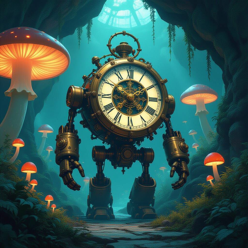 Steampunk Automaton in Bioluminescent Grotto