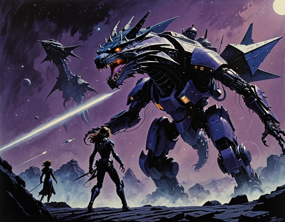 Claudia Black Dragon Fight: 70s Futurism Sci-Fi Art