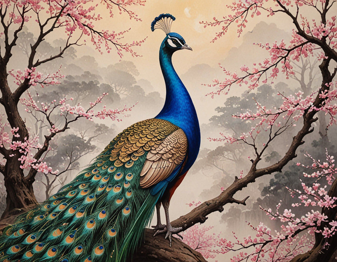 Serene Peacock in Traditional Japanese Shodō Style