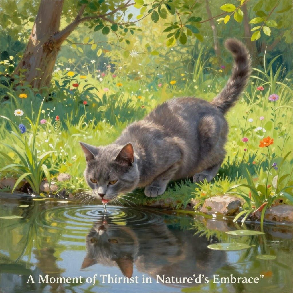 Cat Drinks From Canal in Lush Greenery Painting