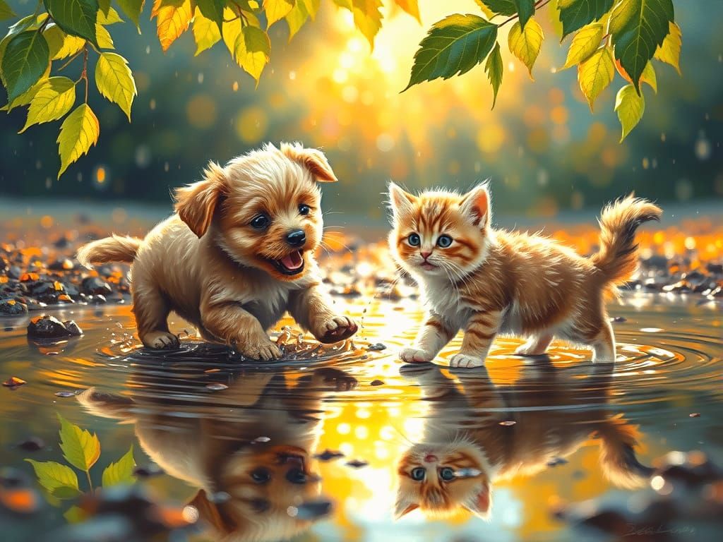 Adorable Puppy and Kitten Play in Mud Puddle Oil Painting