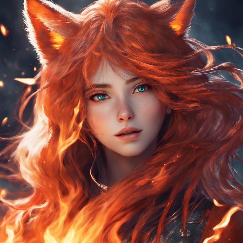 longhair fox lady portrait with fire aura in anime style