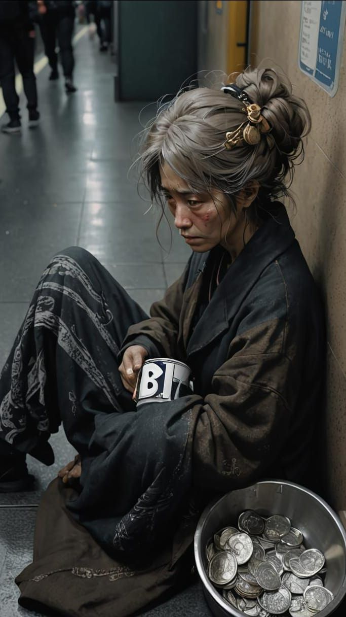 Anime Style Beggar Woman on Subway, 3D Render