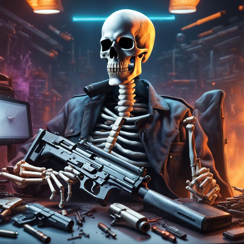 Hyperrealistic Skeleton with Computer and Guns