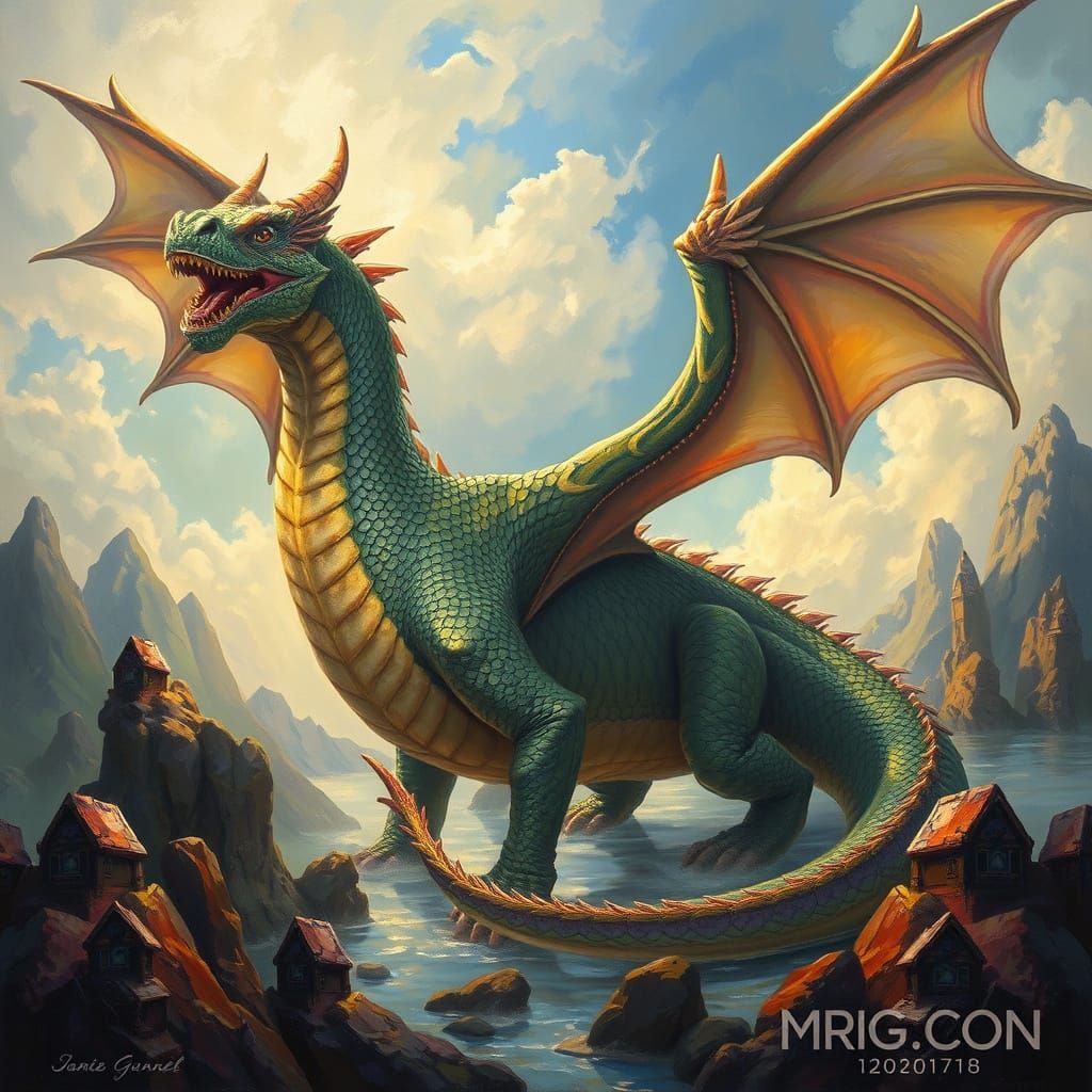 Majestic Dragon in Dreamlike Landscape, Oil Painting