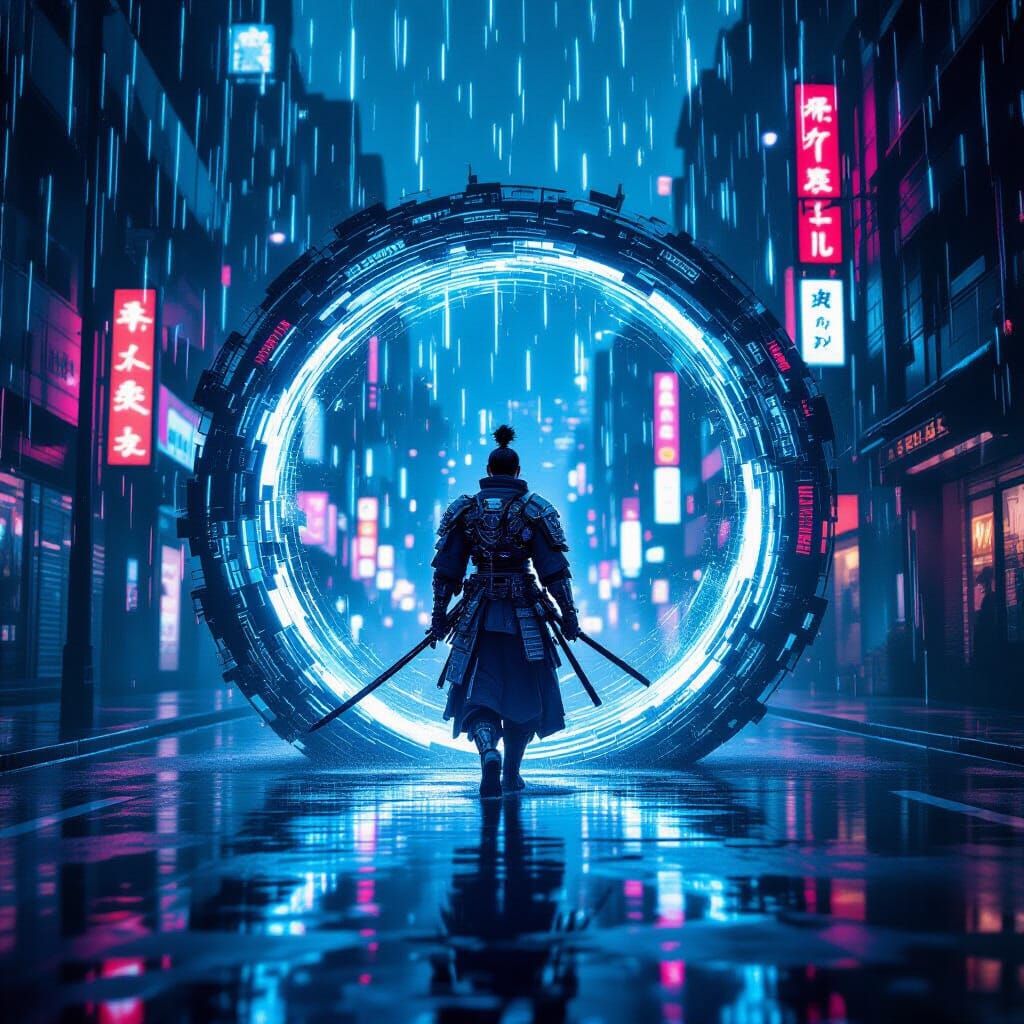 Cyberpunk Samurai in Neon Vortex