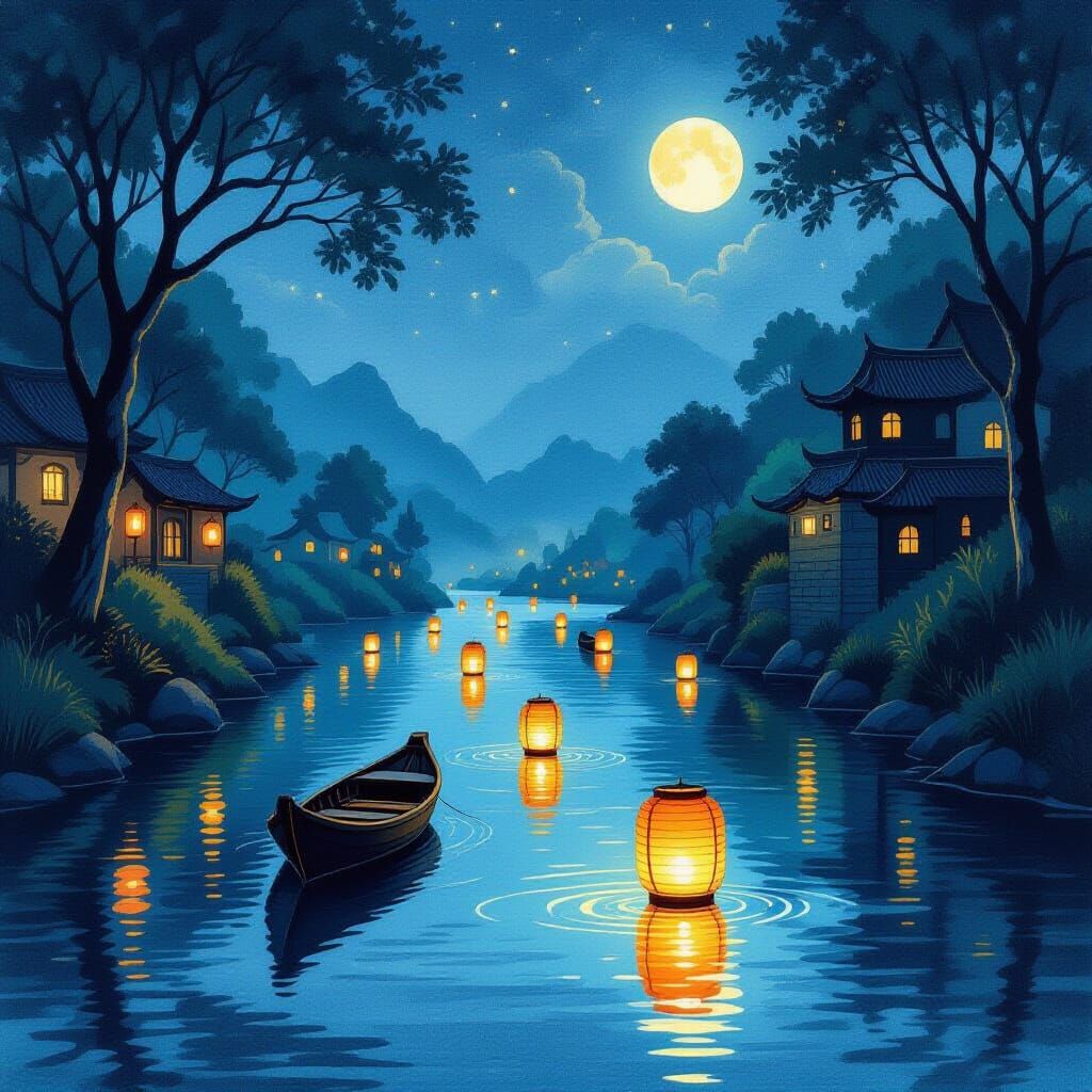 Lanterns on River at Night in Illustrative Style
