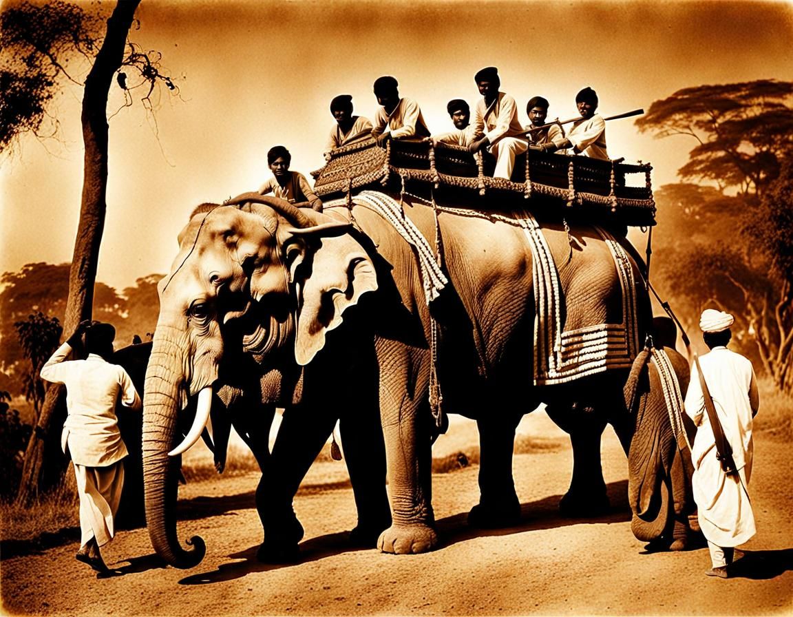 Vintage Sepia Photo: Tiger Hunt in India