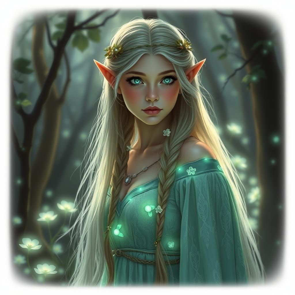 Elven Woman with Heterochromia in Bioluminescent Grove