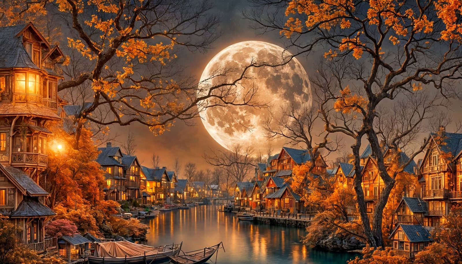 Vaporwave Lakeside Village Under Huge Silver Moon