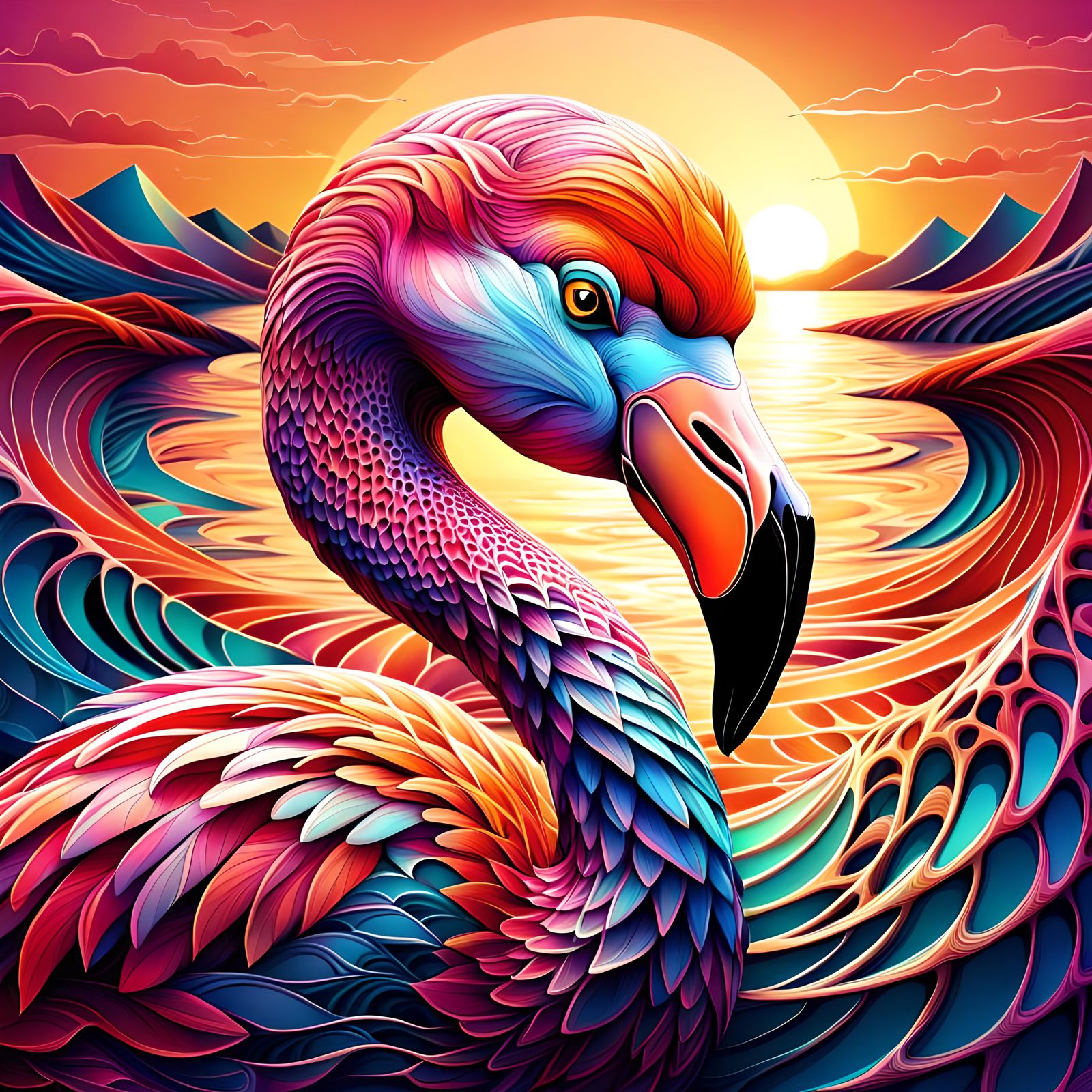 Flamingo Portrait at Sunset with Abstract Details