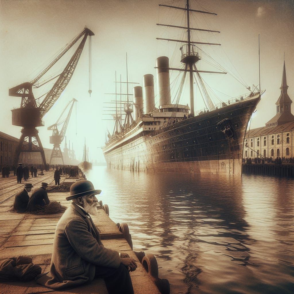 Grand Old Ship at Bustling Port: Industrial Era
