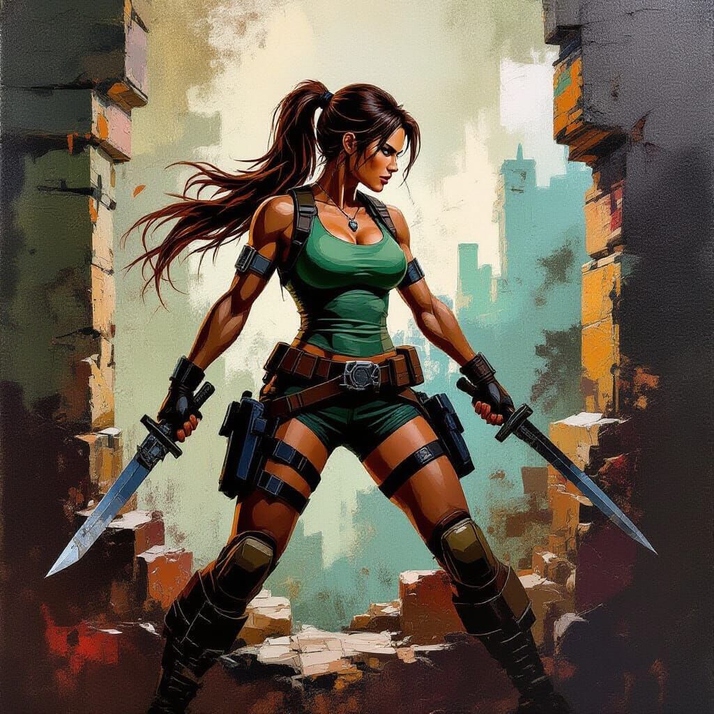 Lara Croft Impasto Abstract Painting with Palette Knife