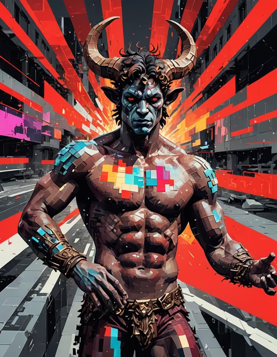 Satyr in Glitched Roman Neofuturism, Digital Matte Painting