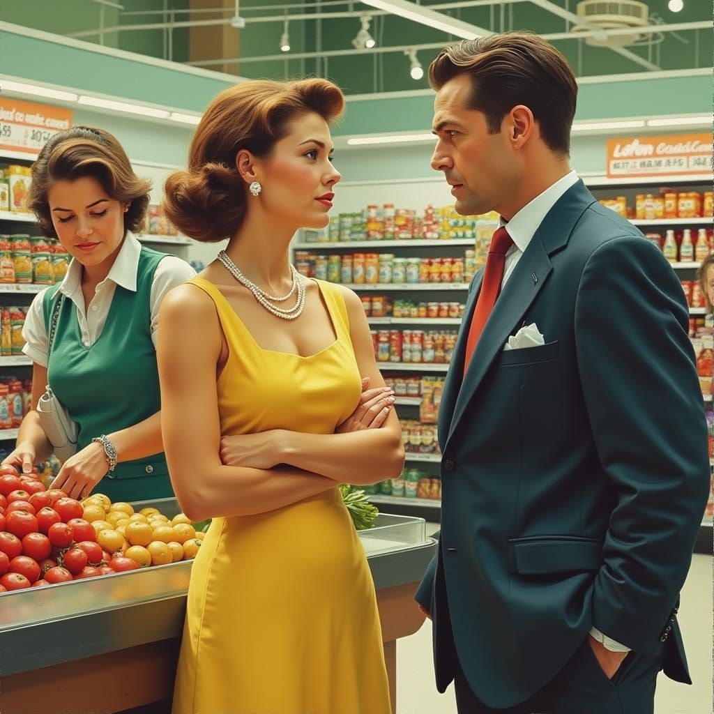Hyperrealistic Grocery Store Gossip Scene