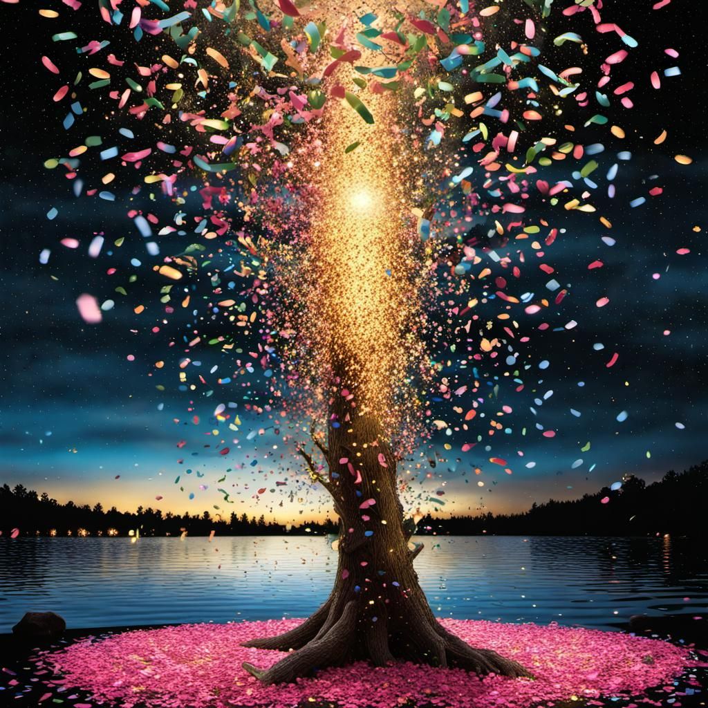 Magical Confetti Explosion Over Lake at Night