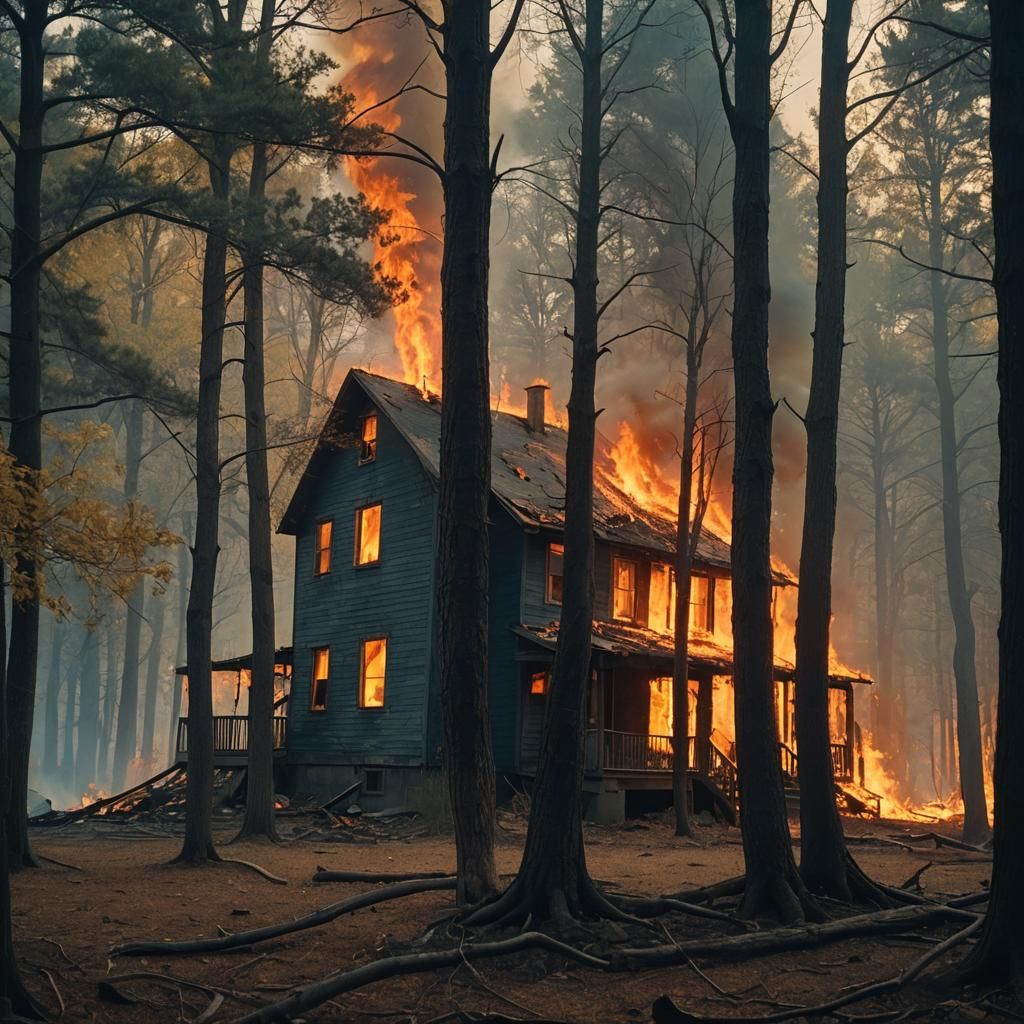 Dramatic Forest Fire Near House in Cinematic Style