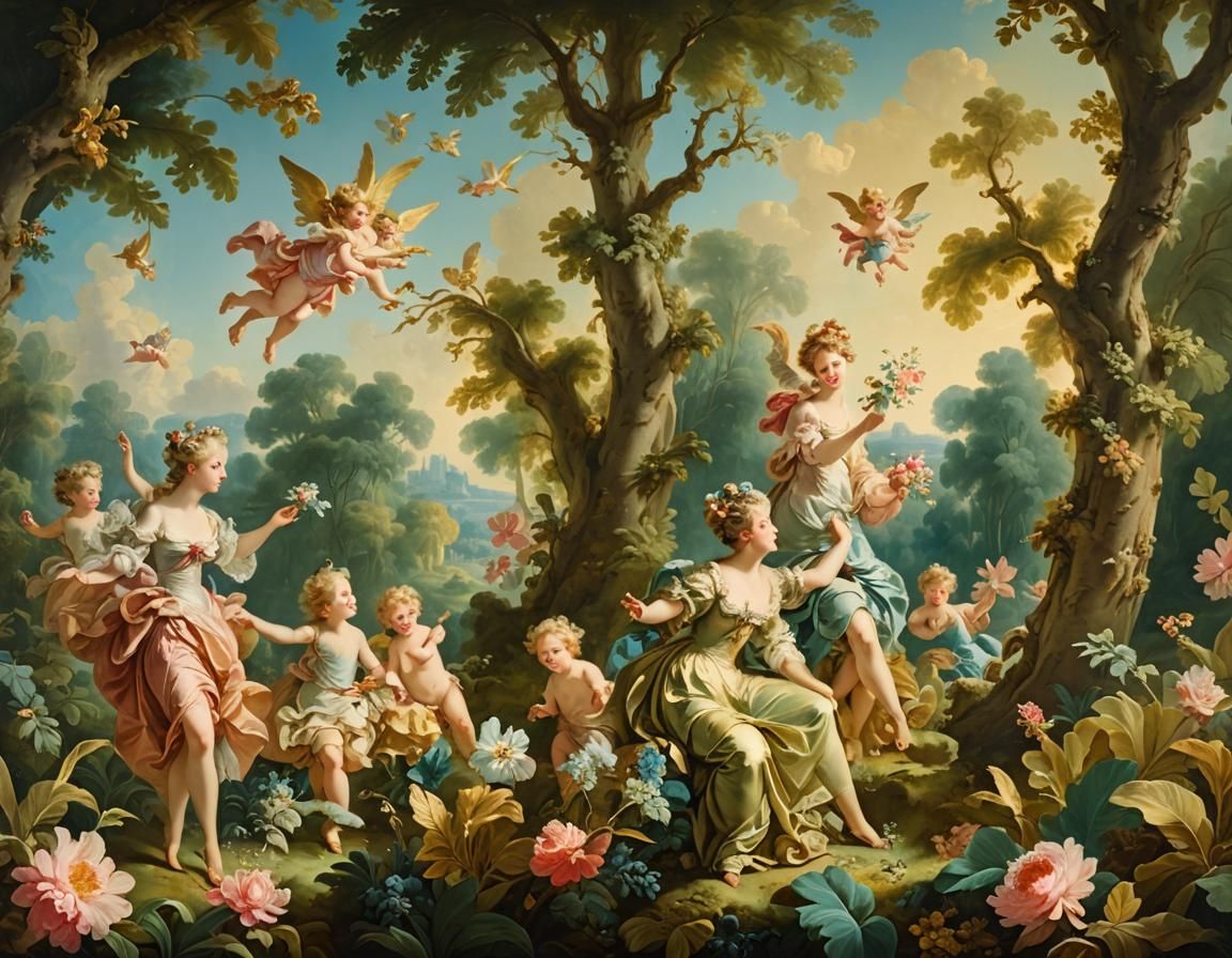 Rococo Nymphs and Putti in Idyllic Landscape