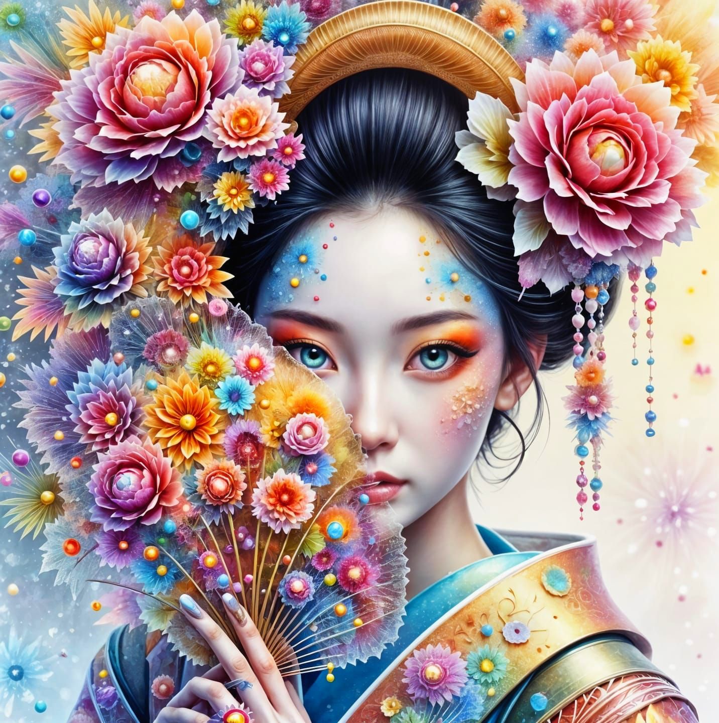 Beautiful Geisha Portrait with Fractal Fan in Aquarelle Styl...