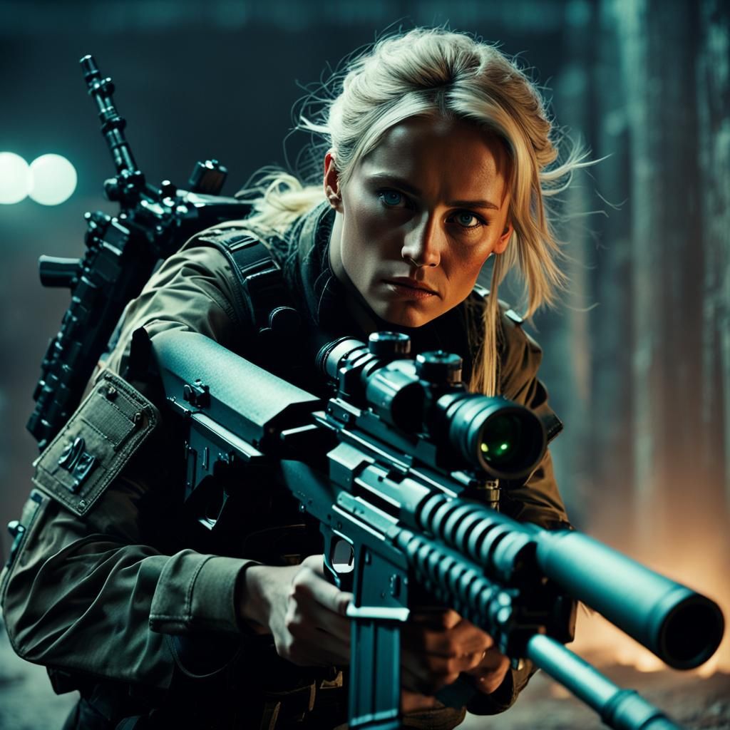 Gritty Film Still: Blonde Soldier with Sniper Rifle