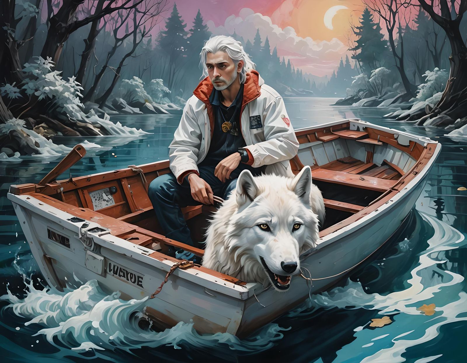 Man and White Wolf in Sinking Boat