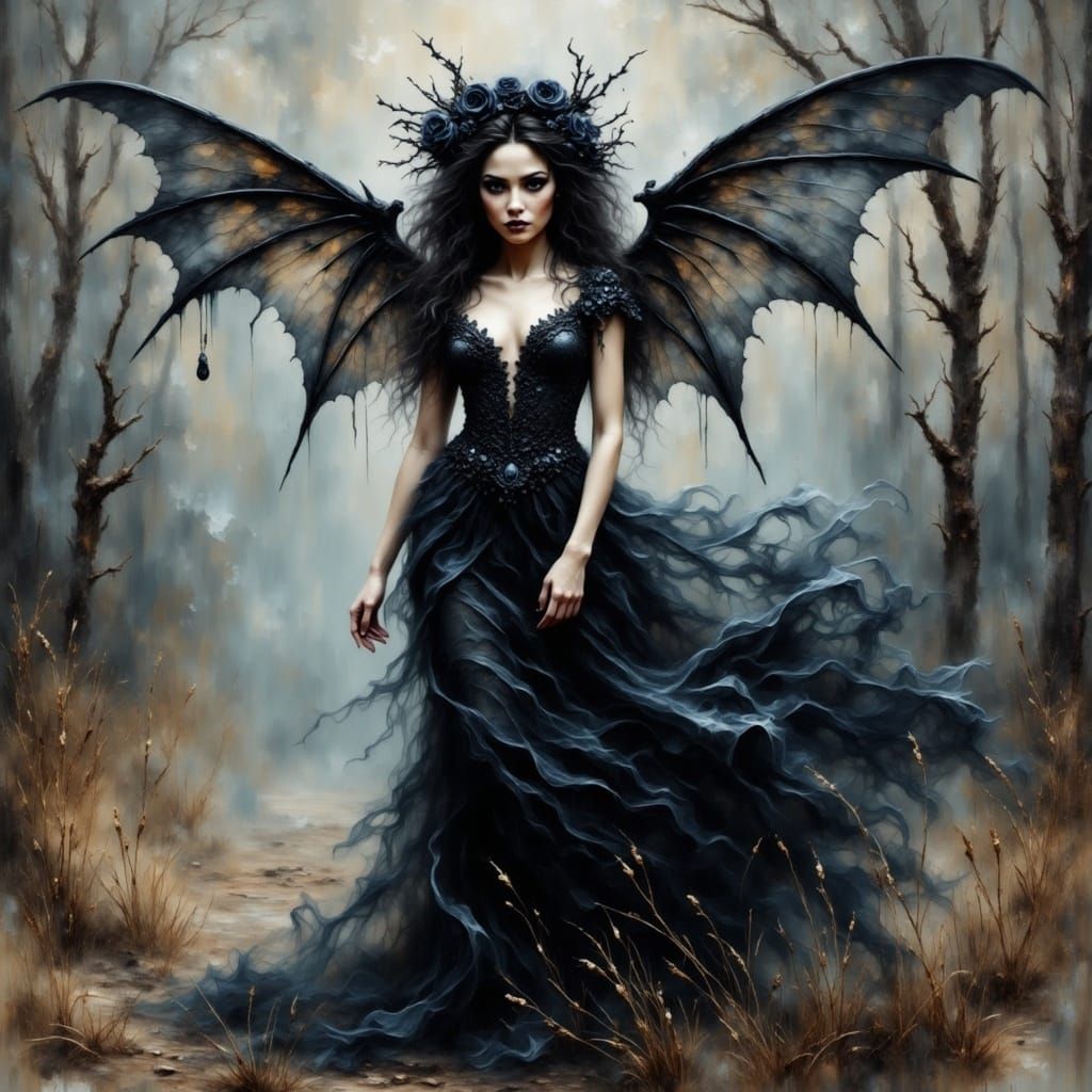 Gothic Woman with Bat Wings Walks in Misty Twilight Forest