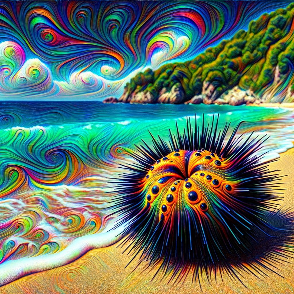 Psychedelic Sea Urchin on the Beach in Vibrant Colors
