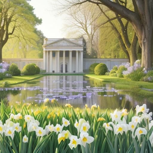 Palladian Garden in Spring: Lake Island and Flowers