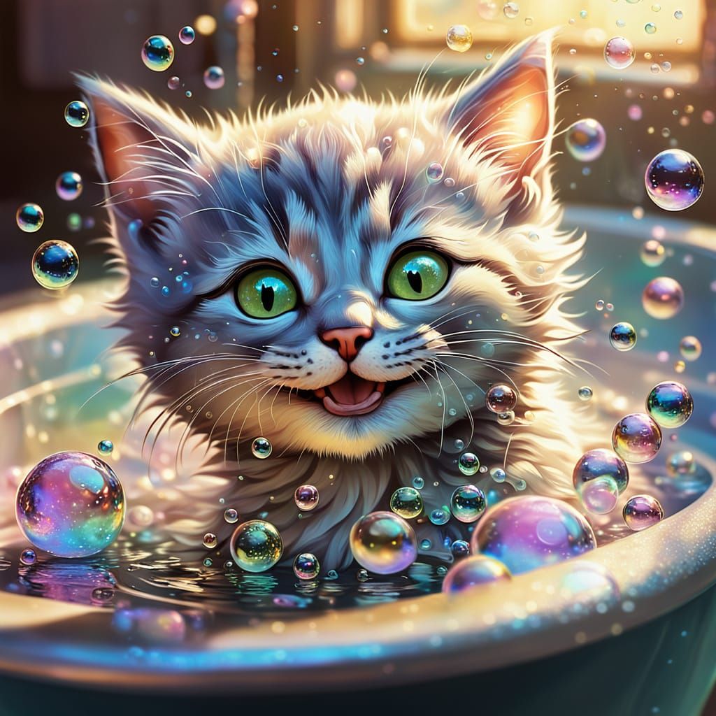 Shimmering Bubble Kitten Bath: Airbrush Art in Pastel