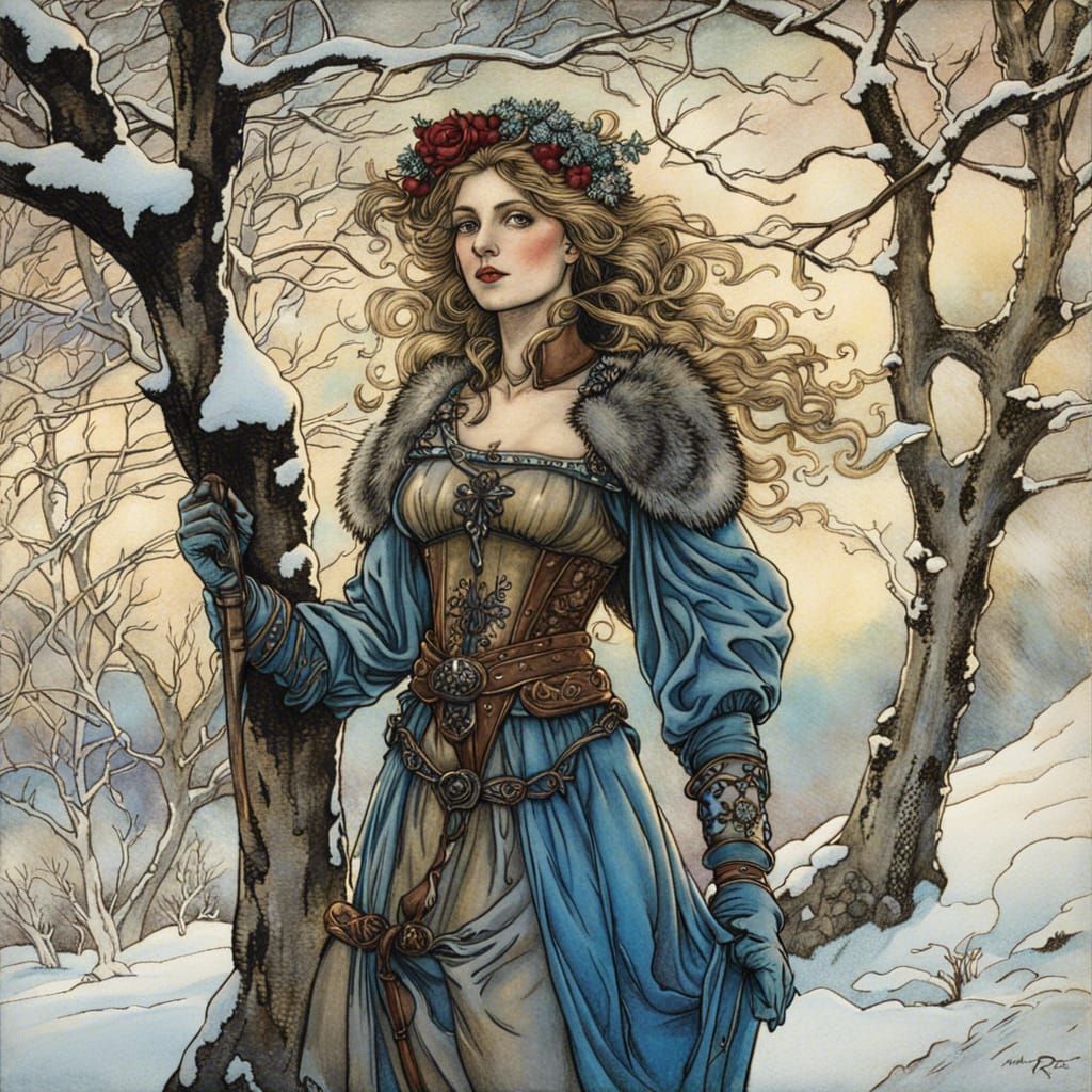 Medieval Maiden in Winter, Arthur Rackham Style