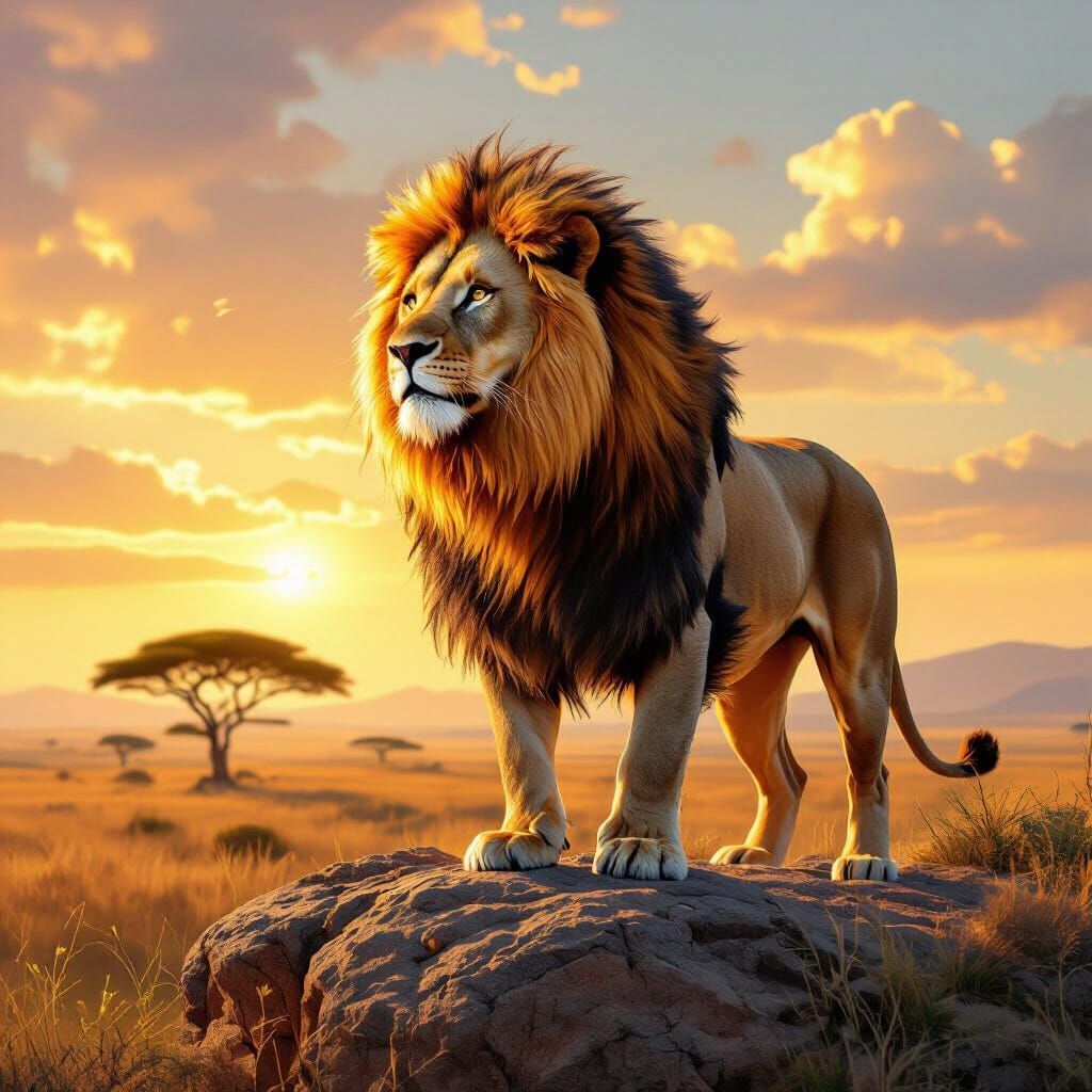 Fiery-Maned Lion Overlooks Savannah in Hyperrealistic Style