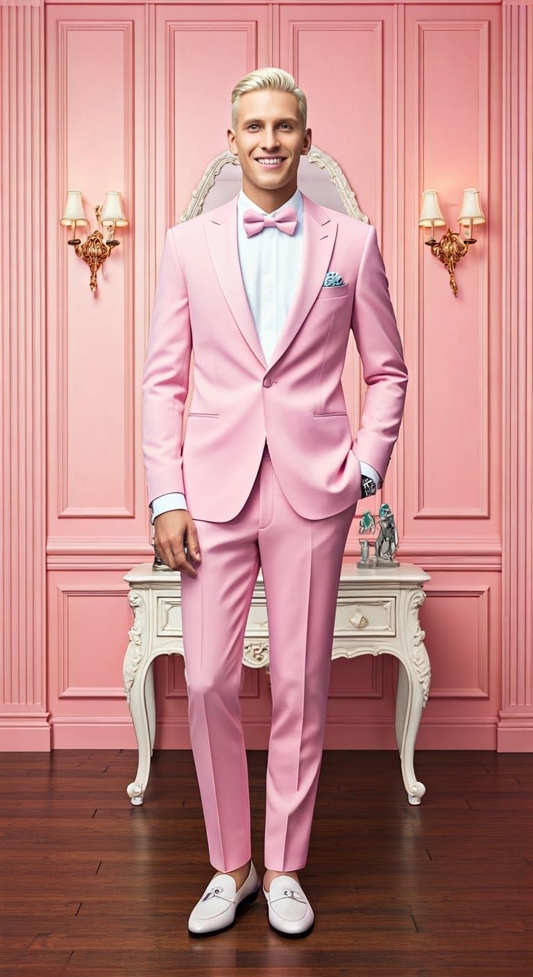 Handsome Blond Man in Pastel Pink Tuxedo Portrait