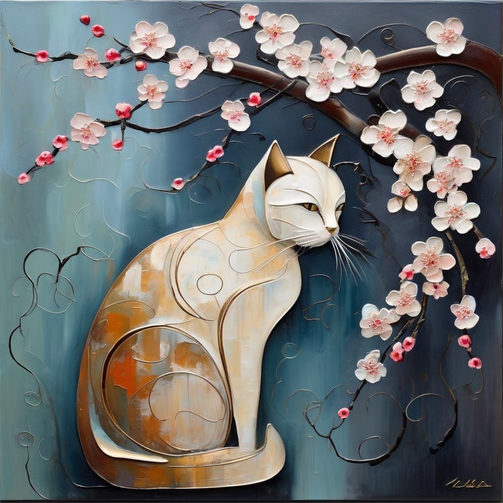 Cat and plum blossoms