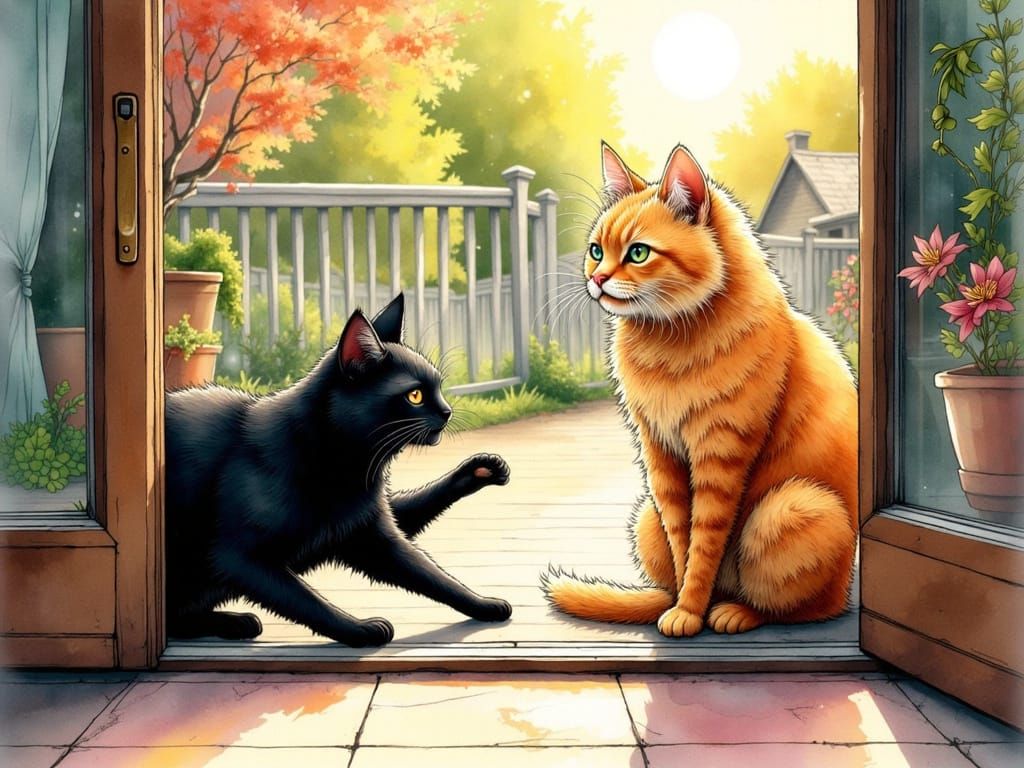 Cat Confrontation at Patio Door in Ink Style