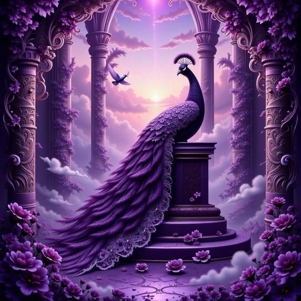Surreal Lavender Palace Scene with Plum Peacock