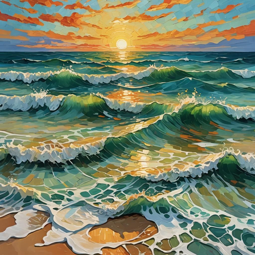 Golden Sunset Seascape in Expressionist Impasto Style