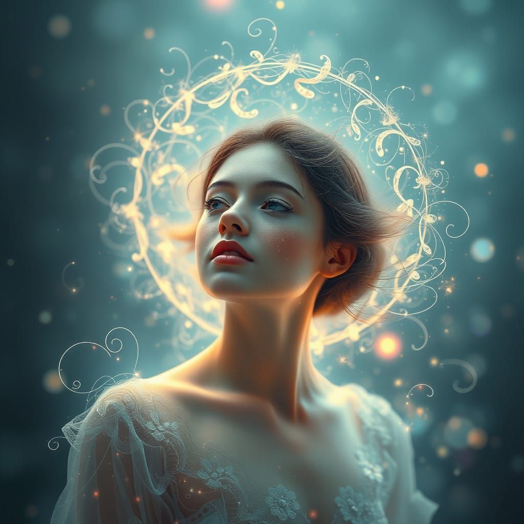 Whimsical Dreamlike Scene with Radiant Woman