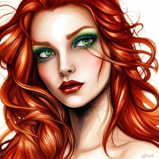 Ethereal Redhead with Green Eyes, Watercolor Illustration