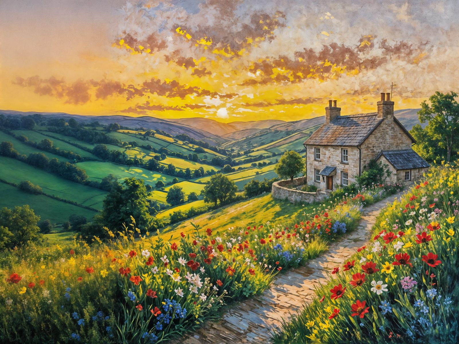 Yorkshire Dales Farmhouse Sunset Over Swaledale Valley