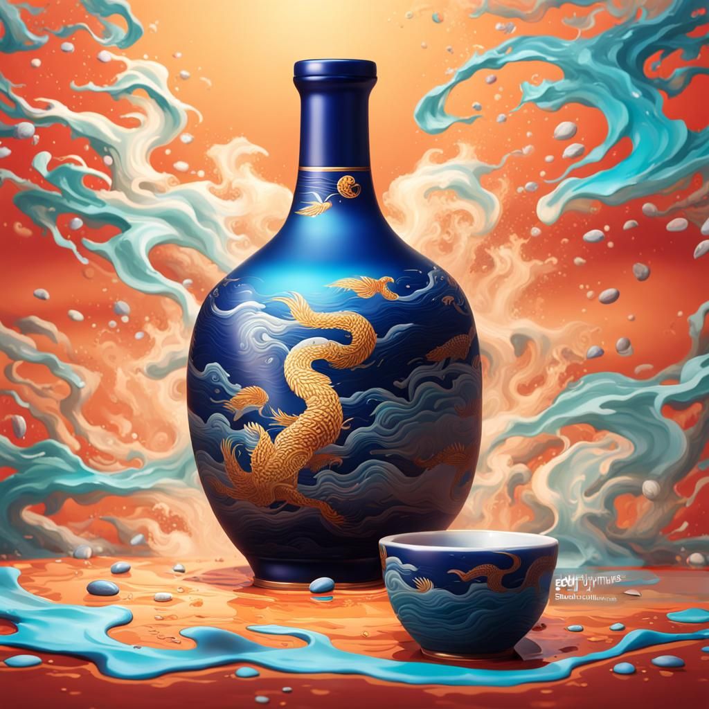 Hyperrealistic Sake Bottle and Cup Still Life