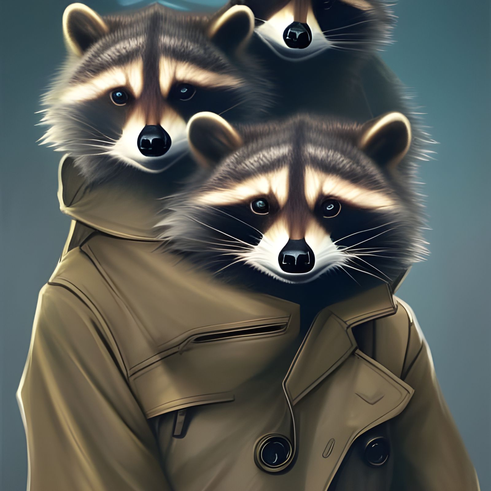 Three raccoons 🦝🦝🦝hidden in one Trenchcoat