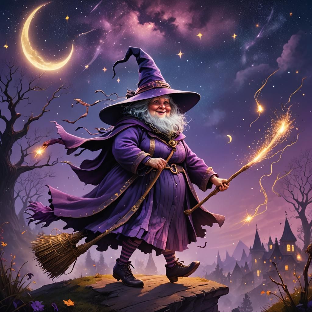 Purple Witch Soaring Through Starry Sky