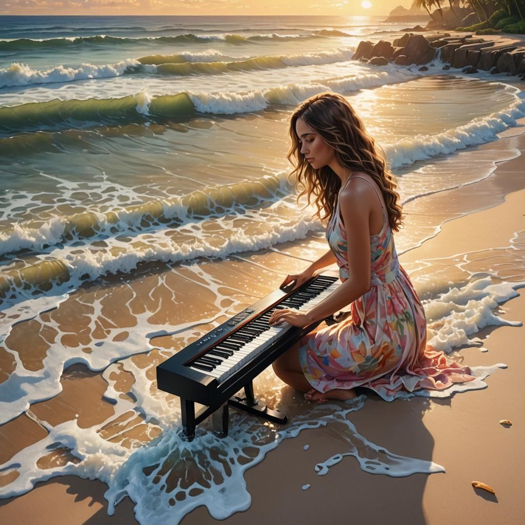 Tropical Beach Piano in Watercolor Style