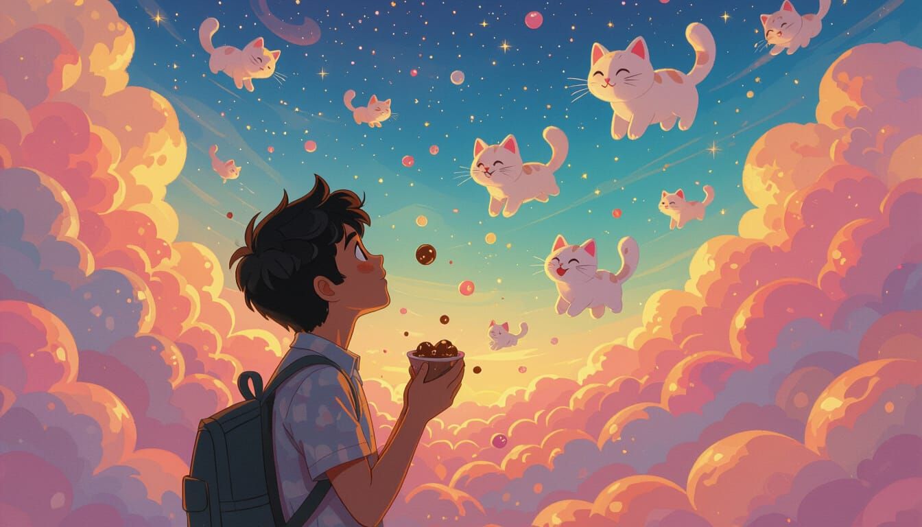 Rahul Amazed by Whimsical Flying Cats in Dreamy Fantasy Worl...
