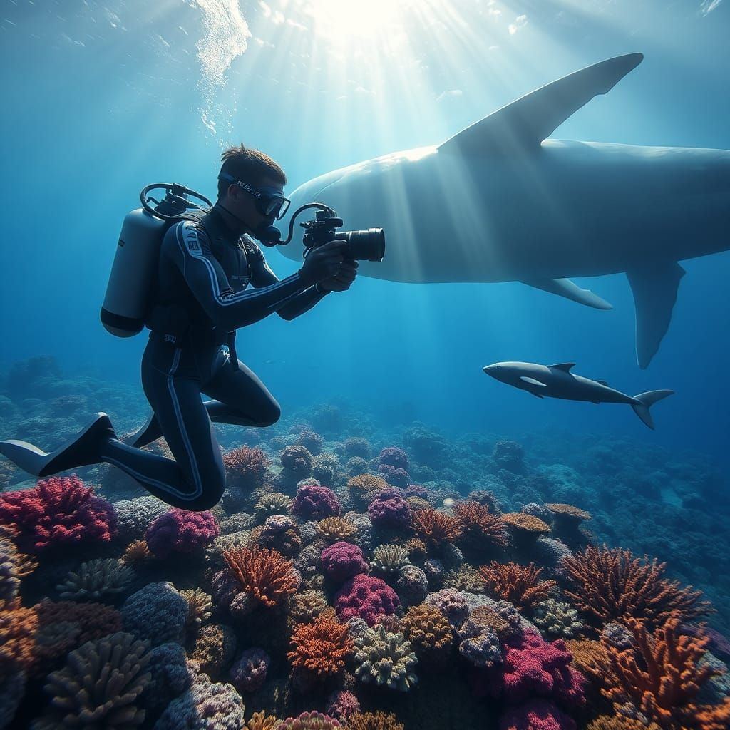 Diver Captures Coral Reef with Whales in Photorealistic Styl...