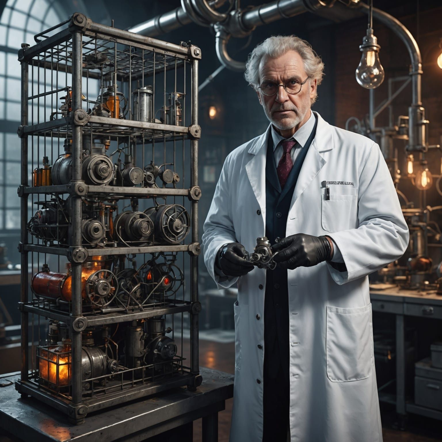 Mad Scientist with Humanoid Monster, Fantasy Concept Art