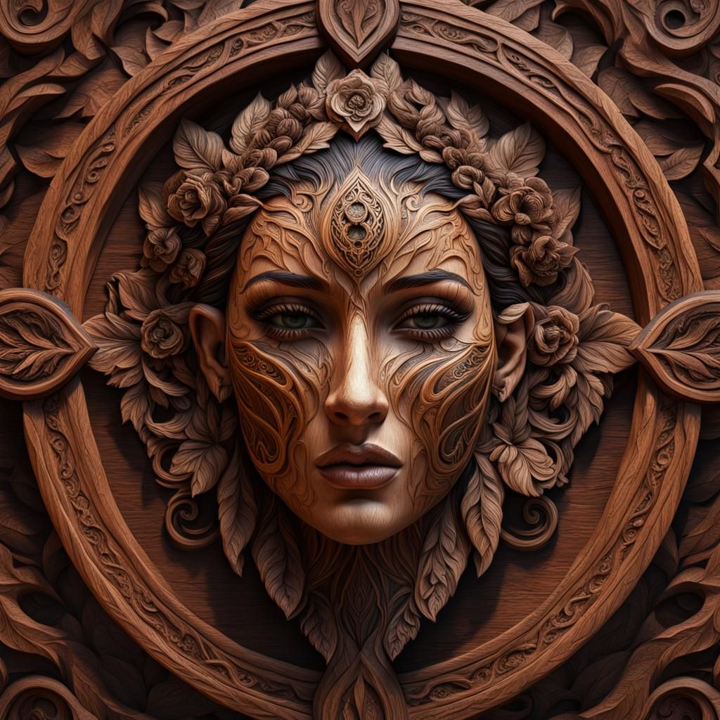 Intricate Wood Carving of a Beautiful Woman's Face