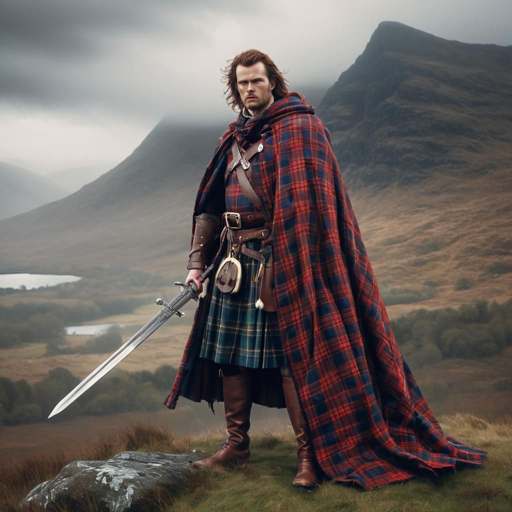Highlander in Misty Scottish Landscape Illustration
