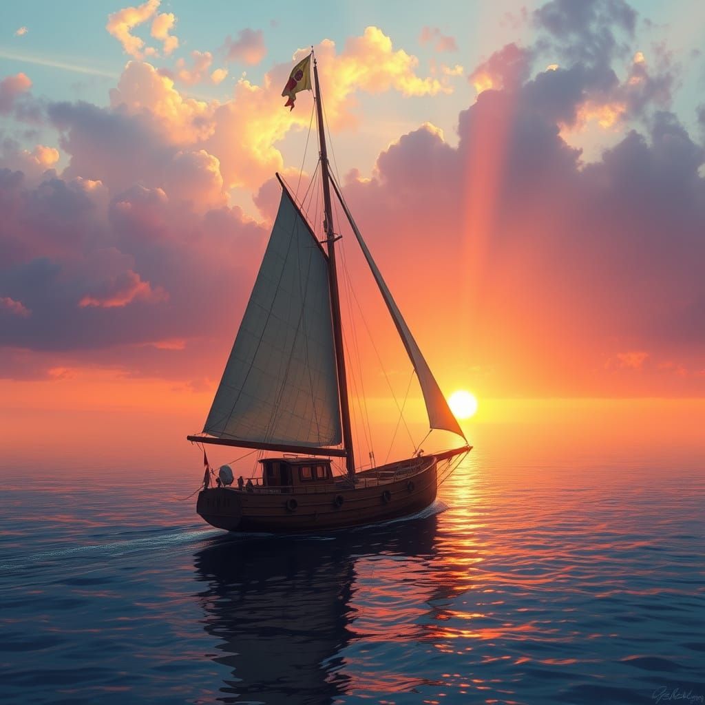 Sailing Boat at Sunset with Rainbow Prism