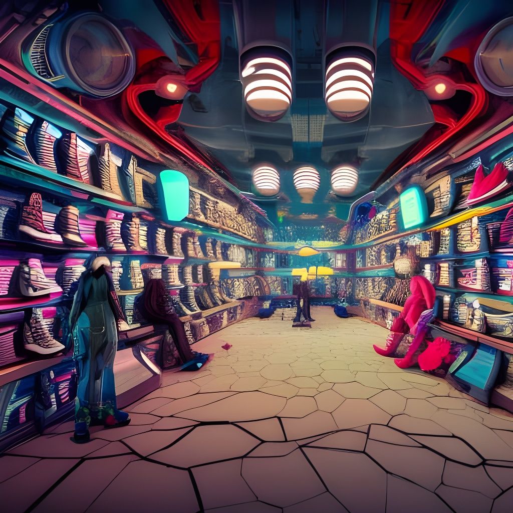 Detailed Cyberpunk Shoe Store in Futuristic Mall